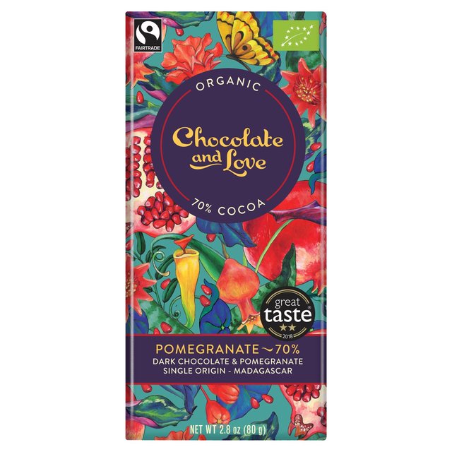 Chocolate and Love Fairtrade Organic Pomegranate 70% Dark Chocolate 80g