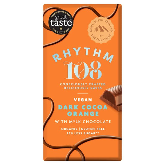 Rhythm 108 Swiss Vegan Dark Cocoa Orange Bar with M'lk Chocolate 100g